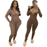 Ribbed Coffee Long Sleeve Zip Up Stack Jumpsuit