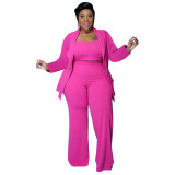 Plus Size Neon Pink Crop Top Flare Pants and Matching Coat 3pcs Set