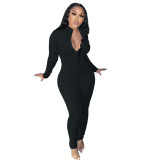 Black Long Sleeve Zip Up Fitted Jumpsuit
