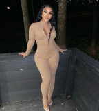 Khaki Long Sleeve Zip Up Fitted Jumpsuit