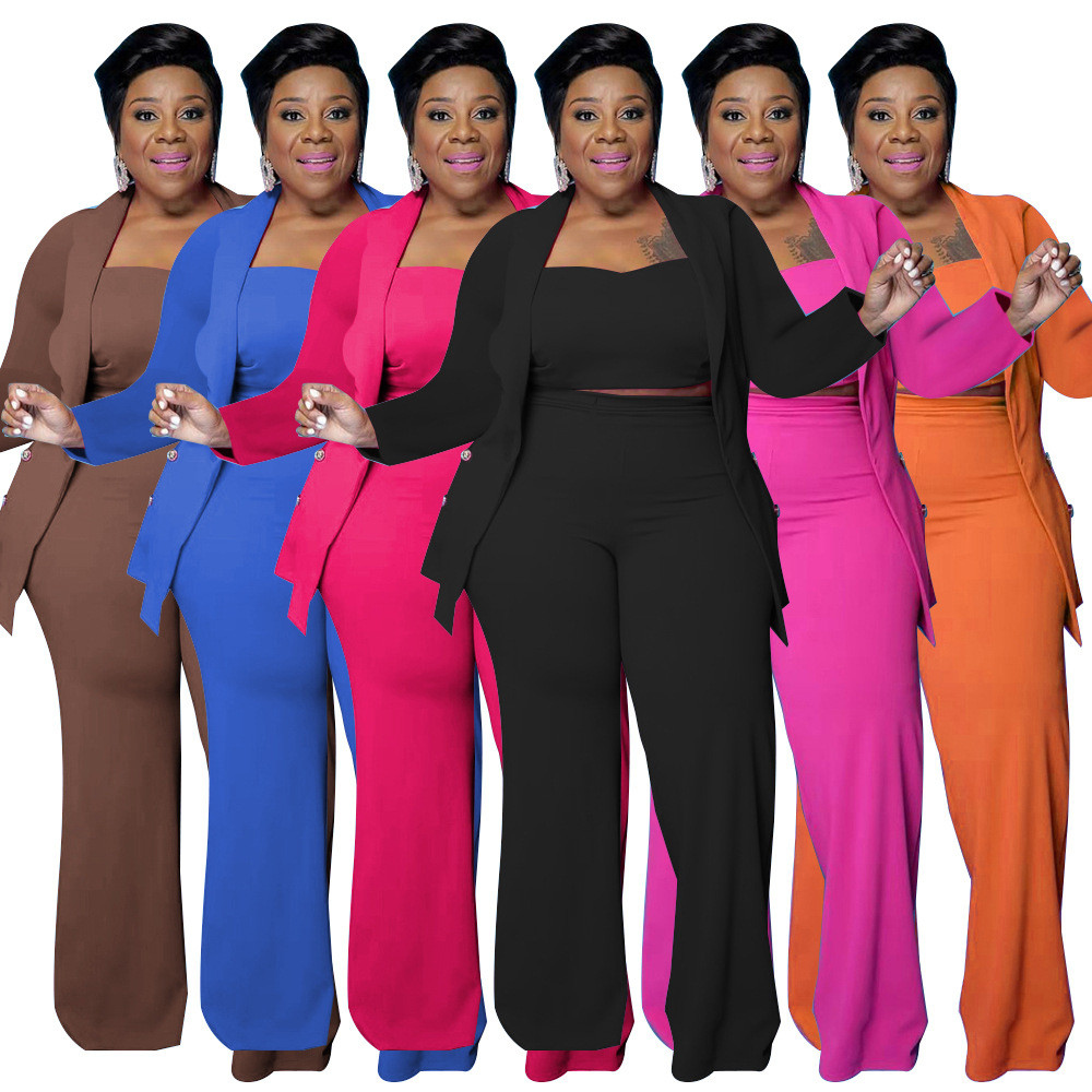 Plus Size Neon Pink Crop Top Flare Pants and Matching Coat 3pcs Set US ...