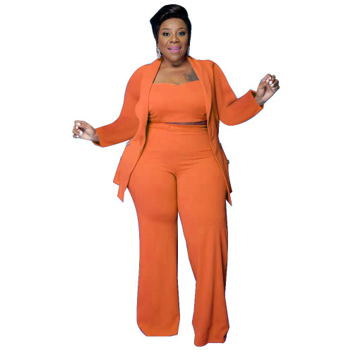Plus Size Orange Crop Top Flare Pants and Matching Coat 3pcs Set