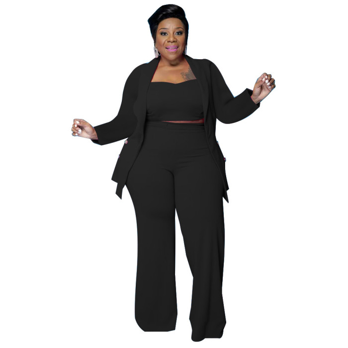 Plus Size Neon Pink Crop Top Flare Pants and Matching Coat 3pcs Set US ...