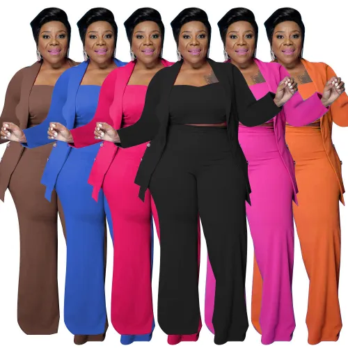 Plus Size Black Crop Top Flare Pants and Matching Coat 3pcs Set