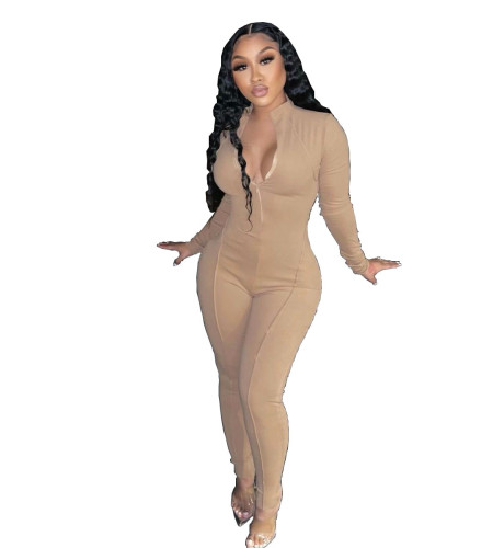 Khaki Long Sleeve Zip Up Fitted Jumpsuit
