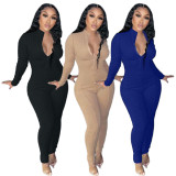Blue Long Sleeve Zip Up Fitted Jumpsuit