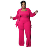 Plus Size Neon Pink Crop Top Flare Pants and Matching Coat 3pcs Set