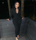 Black Long Sleeve Zip Up Fitted Jumpsuit