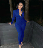 Blue Long Sleeve Zip Up Fitted Jumpsuit