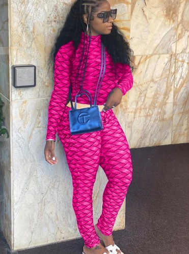 All Over Print Hot Pink Long sleeve Crop Top and Pants Set