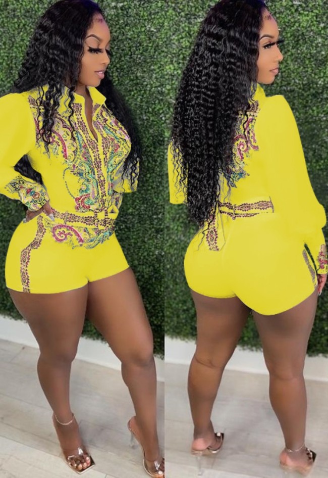 Floral Long Sleeve Button Up Yellow Blouse Jumpsuit with Belt