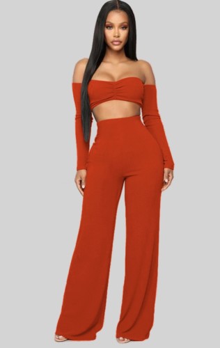 Orange Off Shoulder Long Sleeve Ruched Crop Top and Pant Two Piece Set