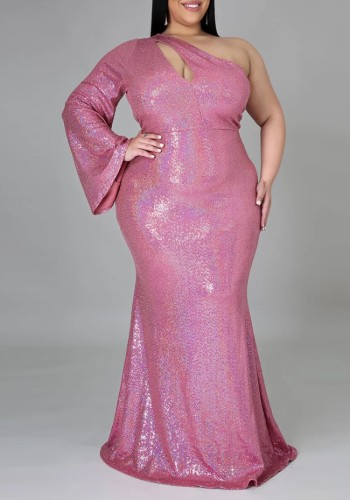 Plus Size Pink Sequin Hollow Out One Shoulder Maxi Mermaid Dress