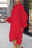 Red Puff Sleeve High Low Loose Slit Long Shirt Dress