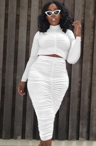 White Ruched Long Sleeve Turtleneck Crop Top and Tight Skirt Two Piece Set