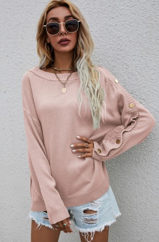 Pink O-Neck Button Long Sleeve Drop Shoulder Sweater