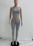 Grey Sleeveless Crop Top and High Waist Pant Two Piece Outfits