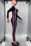 Black Print Long Sleeve O-Neck Slinky Jumpsuit