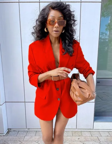 Red Button Up Turndown Collar Long Sleeve Blazer Dress
