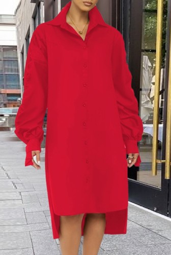 Red Puff Sleeve High Low Loose Slit Long Shirt Dress