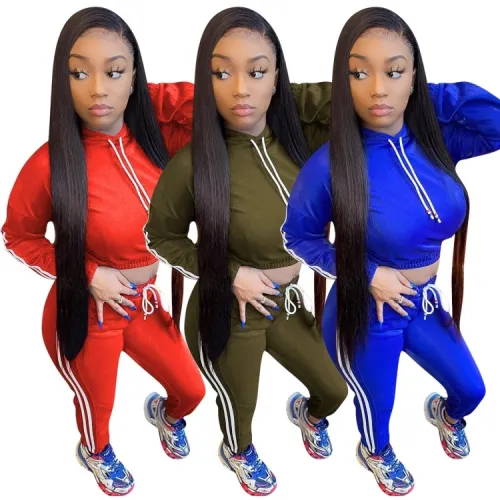 Green Piping Hoody Long Sleeve Crop Top and Drawstring Pant Two Piece Set