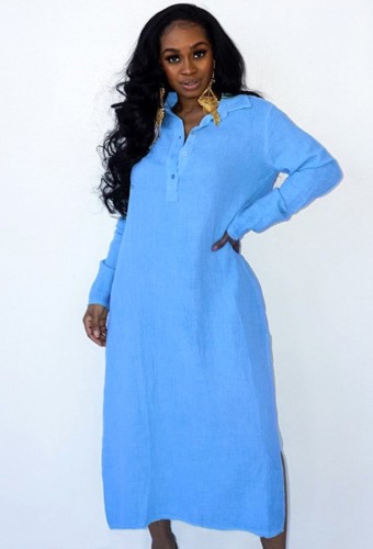 Blue Long Sleeve Button Up Split Long Blouse Dress