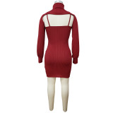 Red High Collar Long Sleeve Top and Cami Short Skirt 2PC Cover-Ups