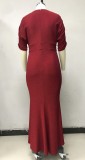 Plus Size Red V-neck Ruched Half Sleeve Long Mermaid Dress