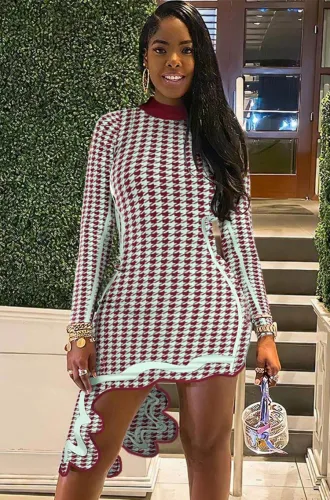 Swallow Gird Print Piping Long Sleeve Irregular Slim Fit Midi Dress
