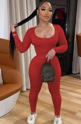Red U-Neck Long Sleeve Fitted Shirt and High Waist Pant Two Piece Set