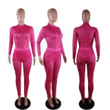 Pink See Through Rose Lace Long Sleeve Bodysuit and High Waist Pants Two Piece Set