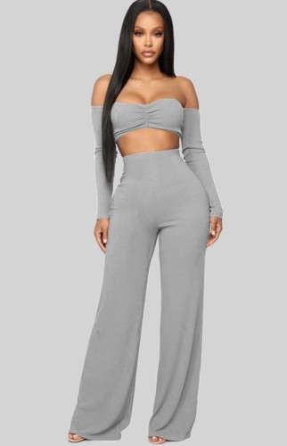 Grey Off Shoulder Long Sleeve Ruched Crop Top and Pant Two Piece Set