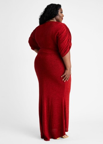 Plus Size Red V-neck Ruched Half Sleeve Long Mermaid Dress