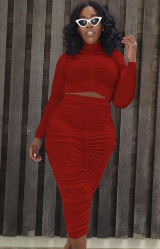 Red Ruched Long Sleeve Turtleneck Crop Top and Tight Skirt Two Piece Set
