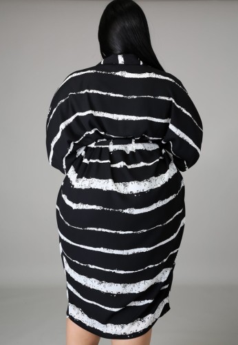 Plus Size Black Striped Bat Sleeves Button Up Loose Long Dress