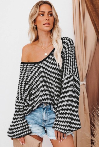 Black Stripes V-neck Drop Shoulder Long Sleeve Sweater