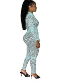 Blue See Through Rose Lace Long Sleeve Bodysuit and High Waist Pants Two Piece Set