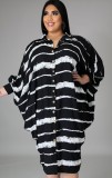 Plus Size Black Striped Bat Sleeves Button Up Loose Long Dress