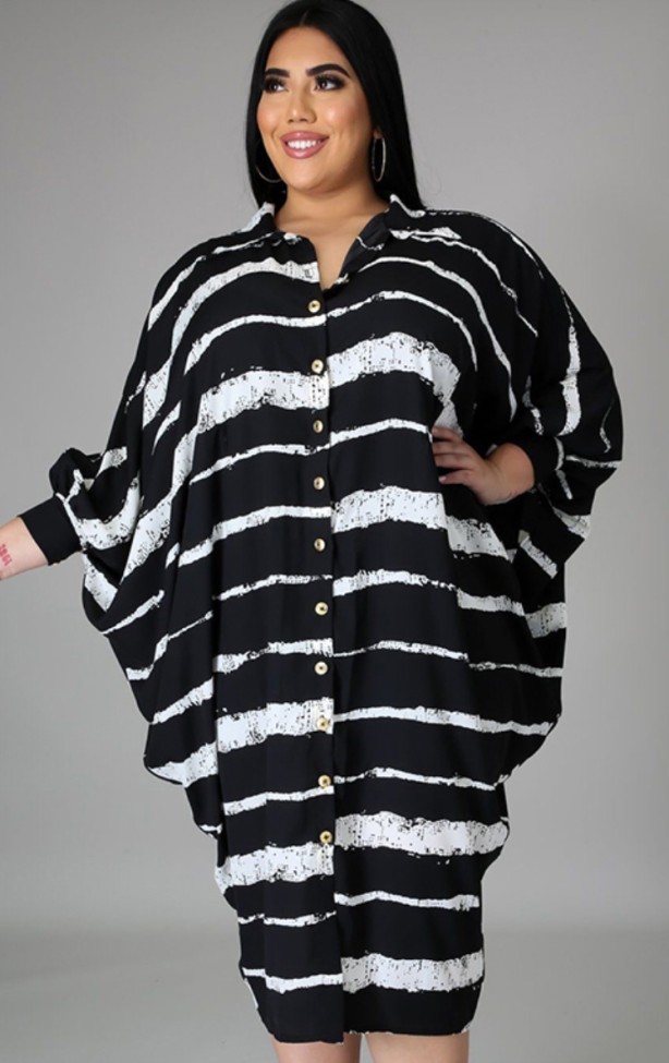 Plus Size Black Striped Bat Sleeves Button Up Loose Long Dress