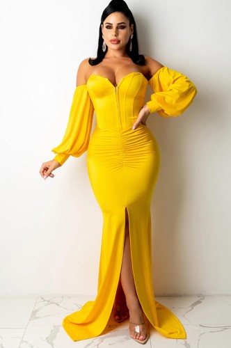 Yellow Off Shoulder Slit Strapless Maxi Mermaid Dress