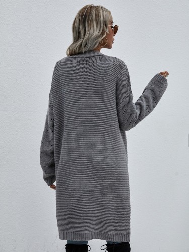 Gray Crochet Long Sleeves Dropped Shoulder Long Cardigan