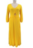 Plus Size Yellow High Slit V-Neck Long Sleeves Hole Maxi Dress