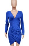 Blue V-Neck Ruched Wrap Hem Long Sleeve Skinny Dress