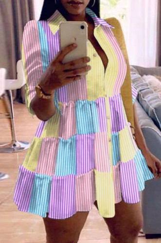 Multicolor Stripes A-Line Button Up Short Blouse Dress