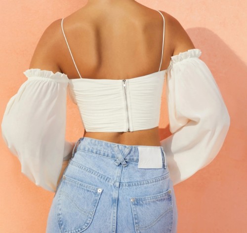 White Bubble Sleeves Wrap Cami Crop Top