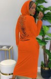 Orange V-Neck Long Hoody Dress