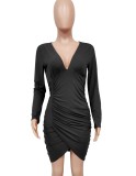 Black V-Neck Ruched Wrap Hem Long Sleeve Skinny Dress