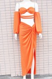 Orange Off Shoulder Bandeau Top and Irregular Maxi Skirt Two Piece Set