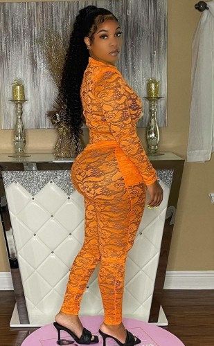 Orange See Through Rose Lace Long Sleeve Bodysuit and High Waist Pants Two Piece Set