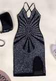 Black Rhinestone Slit Cami Tight Dress